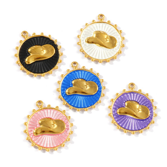 Picture of Eco-friendly PVD Vacuum Plating Waterproof Anti-Tarnish Hypoallergenic 304 Stainless Steel West Cowboy Charms 18K Real Gold Plated Round Disc Hat Painted 29mm x 26mm