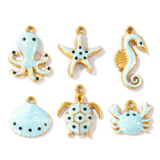 Picture of Eco-friendly PVD Vacuum Plating Waterproof Anti-Tarnish Hypoallergenic 304 Stainless Steel Charms 18K Real Gold Plated Light Blue Enamel Pearlized