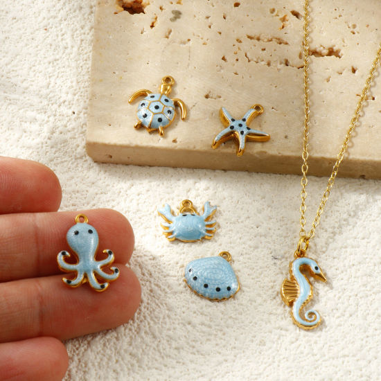 Picture of Eco-friendly PVD Vacuum Plating Waterproof Anti-Tarnish Hypoallergenic 304 Stainless Steel Charms 18K Real Gold Plated Light Blue Enamel Pearlized