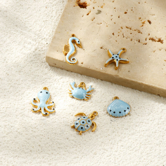 Picture of Eco-friendly PVD Vacuum Plating Waterproof Anti-Tarnish Hypoallergenic 304 Stainless Steel Charms 18K Real Gold Plated Light Blue Enamel Pearlized