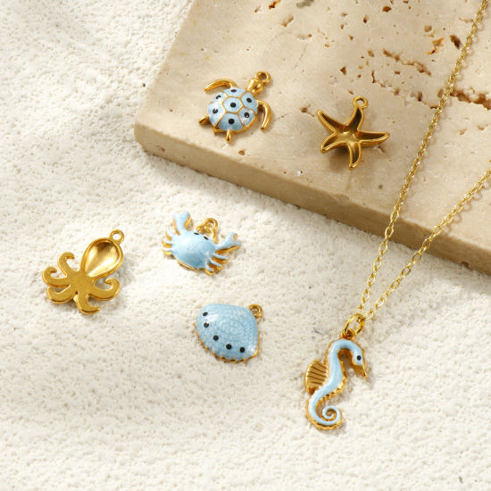 Picture of Eco-friendly PVD Vacuum Plating Waterproof Anti-Tarnish Hypoallergenic 304 Stainless Steel Charms 18K Real Gold Plated Light Blue Enamel Pearlized