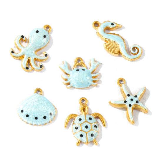 Picture of Eco-friendly PVD Vacuum Plating Waterproof Anti-Tarnish Hypoallergenic 304 Stainless Steel Charms 18K Real Gold Plated Light Blue Enamel Pearlized