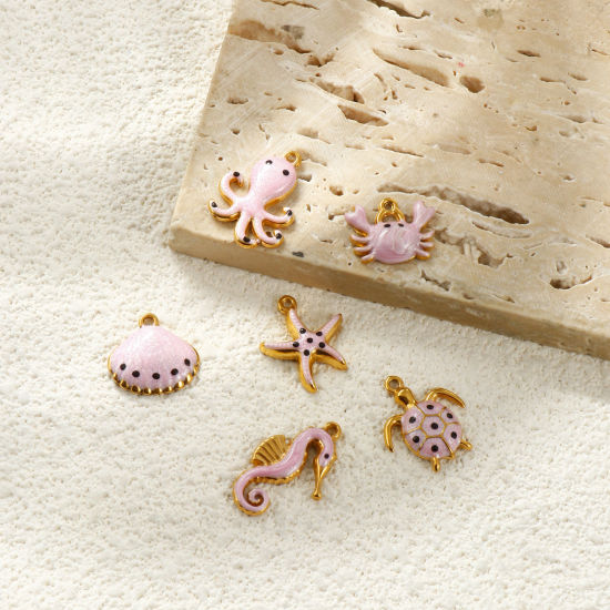 Picture of 5 PCs Eco-friendly PVD Waterproof Anti-Tarnish Hypoallergenic 304 Stainless Steel Ocean Jewelry Charms Wholesale 18K Real Gold Plated Pink Enamel Marine Animal Pearlized