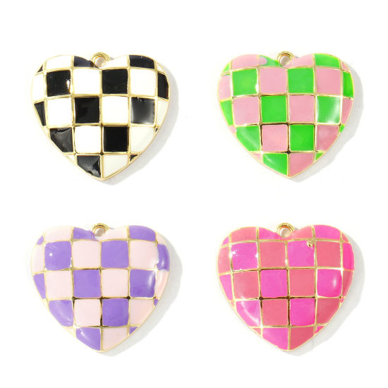 Image de 2 Pcs Breloques En Gros La Saint Valentin en Laiton Plaqué Or 18K Multicolore Émail Cœur Carreau 22mm x 20mm
