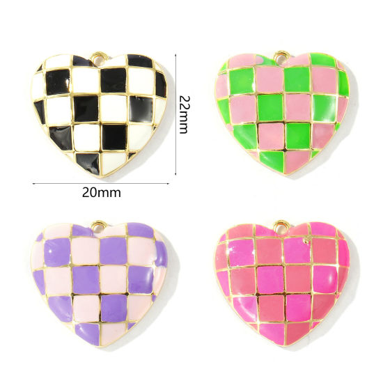 Image de 2 Pcs Breloques En Gros La Saint Valentin en Laiton Plaqué Or 18K Multicolore Émail Cœur Carreau 22mm x 20mm