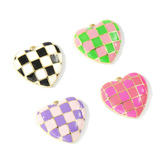 Image de 2 Pcs Breloques En Gros La Saint Valentin en Laiton Plaqué Or 18K Multicolore Émail Cœur Carreau 22mm x 20mm