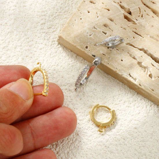 Picture of Brass Micro Pave Huggie Hoop Earrings Wholesale Clear Cubic Zirconia With Loop