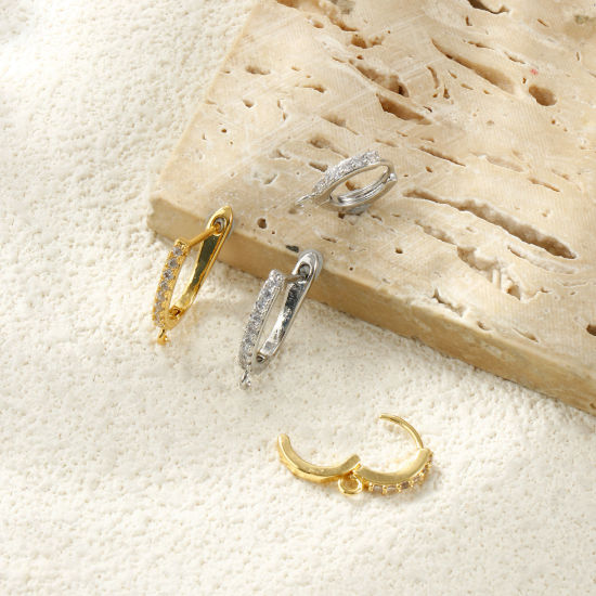 Picture of Brass Micro Pave Huggie Hoop Earrings Wholesale Clear Cubic Zirconia With Loop