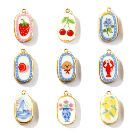 Picture of Eco-friendly PVD Waterproof Anti-Tarnish Hypoallergenic 304 Stainless Steel & Ceramic Pendants Wholesale 18K Real Gold Plated Oval Printed 3cm x 1.6cm