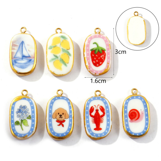 Picture of Eco-friendly PVD Waterproof Anti-Tarnish Hypoallergenic 304 Stainless Steel & Ceramic Pendants Wholesale 18K Real Gold Plated Oval Printed 3cm x 1.6cm