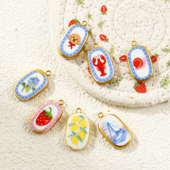 Picture of Eco-friendly PVD Waterproof Anti-Tarnish Hypoallergenic 304 Stainless Steel & Ceramic Pendants Wholesale 18K Real Gold Plated Oval Printed 3cm x 1.6cm