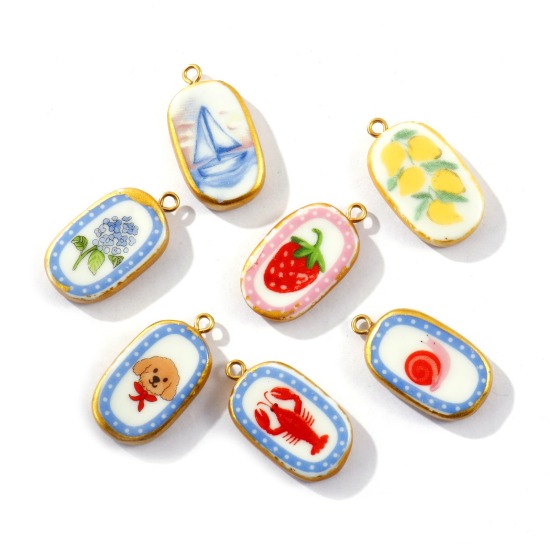 Picture of Eco-friendly PVD Waterproof Anti-Tarnish Hypoallergenic 304 Stainless Steel & Ceramic Pendants Wholesale 18K Real Gold Plated Oval Printed 3cm x 1.6cm