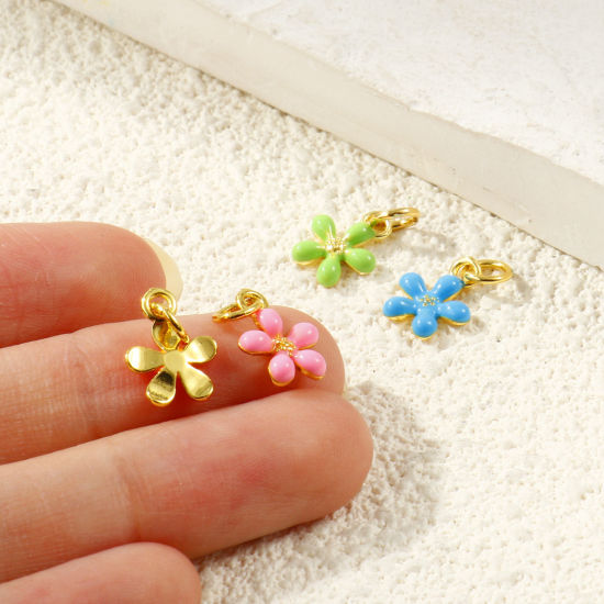 Picture of Eco-friendly Brass Charms Wholesale 18K Real Gold Plated Enamel Flower Mini 14mm x 9mm