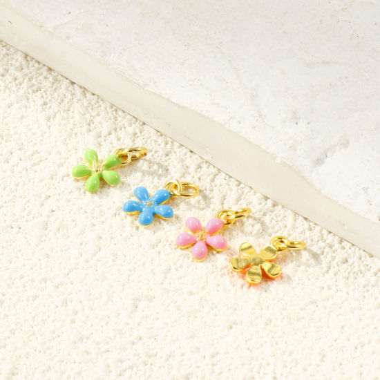 Picture of Eco-friendly Brass Charms Wholesale 18K Real Gold Plated Enamel Flower Mini 14mm x 9mm