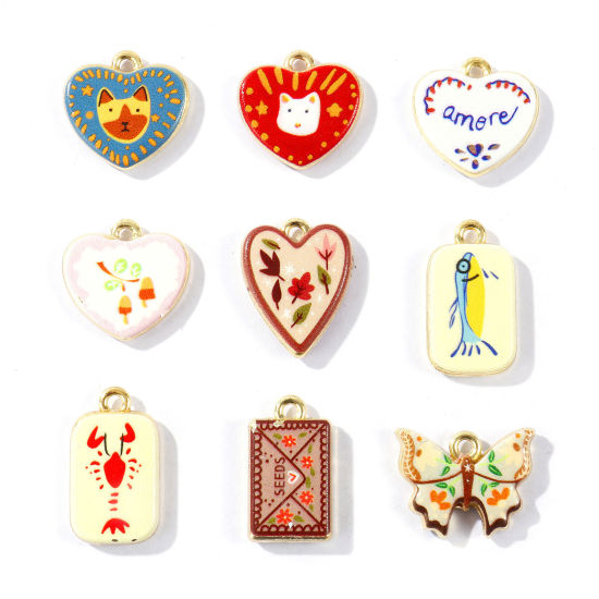 Image de 2 Pcs Breloques En Gros en Laiton Plaqué Or 18K Cœur Papillons Imprimé