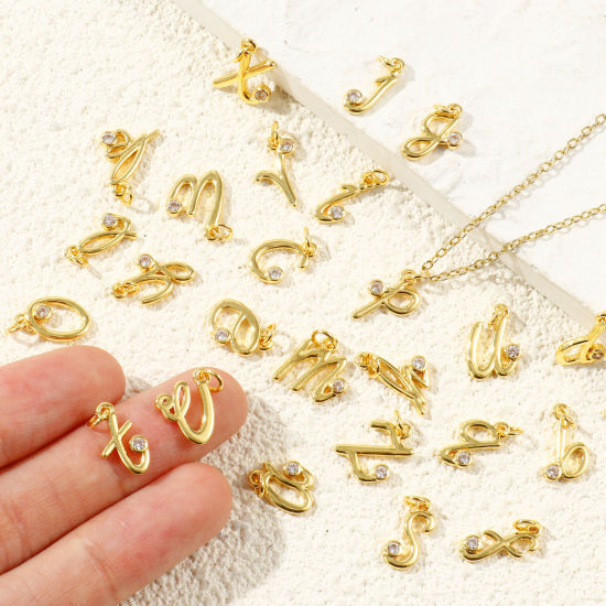 Image de 5 Pcs Breloques En Gros Respectueux de la Nature en Laiton Plaqué Or Véritable 18K Lettre Minuscule à Zircone Cubique Clair