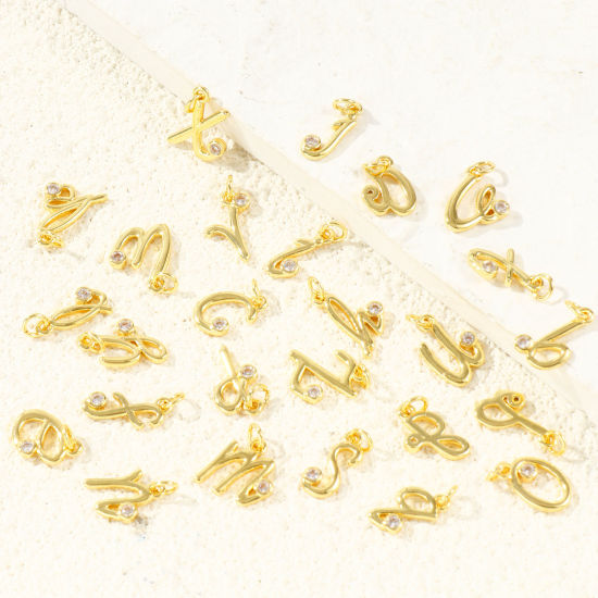 Image de 5 Pcs Breloques En Gros Respectueux de la Nature en Laiton Plaqué Or Véritable 18K Lettre Minuscule à Zircone Cubique Clair