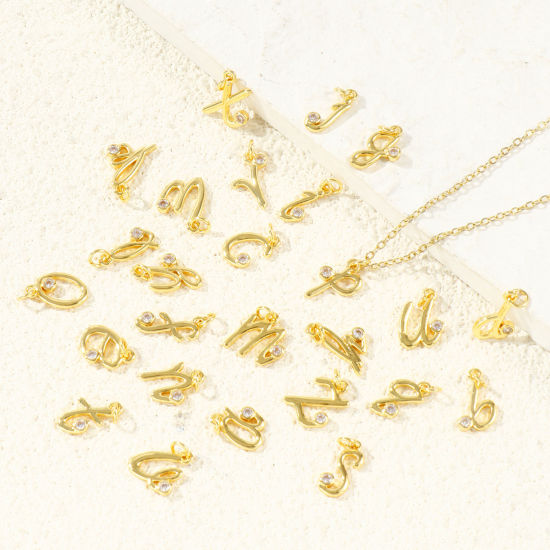 Image de 5 Pcs Breloques En Gros Respectueux de la Nature en Laiton Plaqué Or Véritable 18K Lettre Minuscule à Zircone Cubique Clair