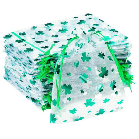 Image de 50 Pcs Sac à Cordon en Polyester Rectangle Vert Trèfle