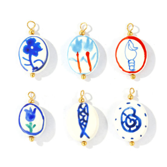 Picture of 5 PCs Ceramic & Brass Charms Wholesale 18K Real Gold Plated Blue Oval Painted