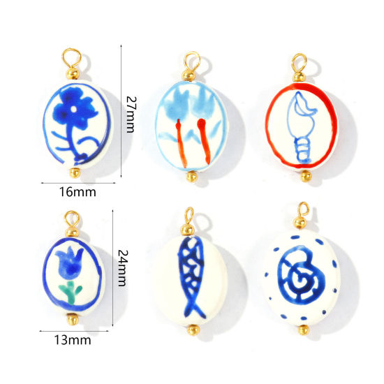 Picture of 5 PCs Ceramic & Brass Charms Wholesale 18K Real Gold Plated Blue Oval Painted