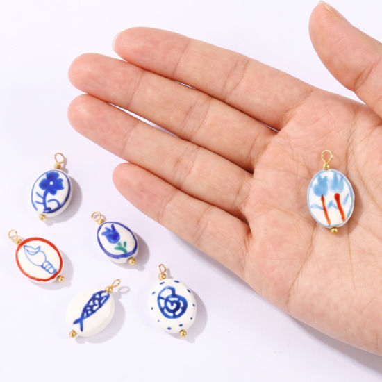 Picture of 5 PCs Ceramic & Brass Charms Wholesale 18K Real Gold Plated Blue Oval Painted