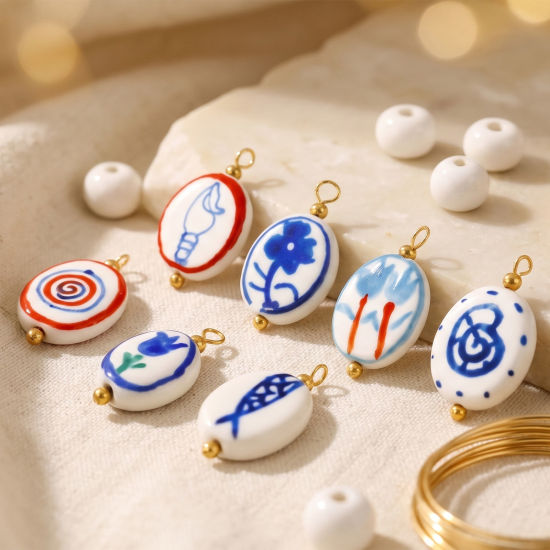 Picture of 5 PCs Ceramic & Brass Charms Wholesale 18K Real Gold Plated Blue Oval Painted