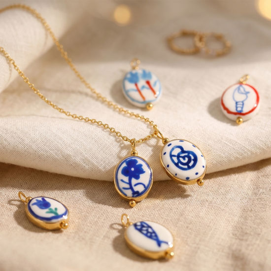 Picture of 5 PCs Ceramic & Brass Charms Wholesale 18K Real Gold Plated Blue Oval Painted