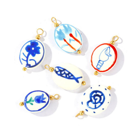 Picture of 5 PCs Ceramic & Brass Charms Wholesale 18K Real Gold Plated Blue Oval Painted