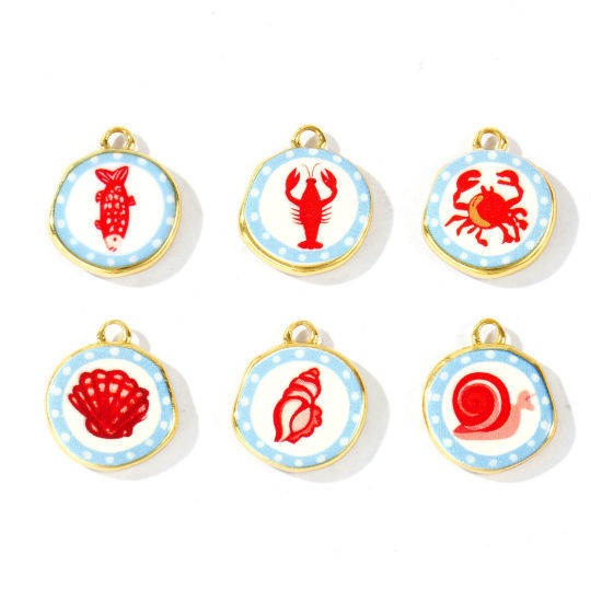 Image de 2 Pcs Breloques En Gros Respectueux de la Nature en Laiton Plaqué Or Véritable 18K Rouge & Bleu Rond Imprimé 16mm x 14mm