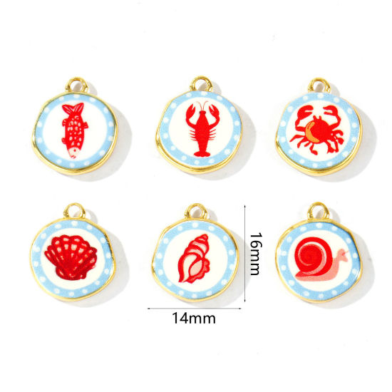 Image de 2 Pcs Breloques En Gros Respectueux de la Nature en Laiton Plaqué Or Véritable 18K Rouge & Bleu Rond Imprimé 16mm x 14mm
