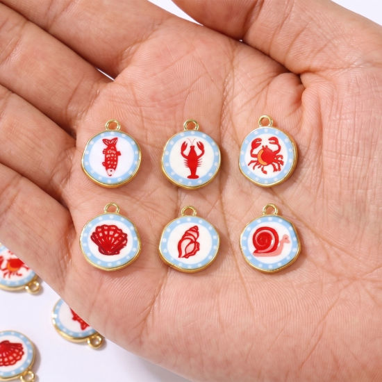 Image de 2 Pcs Breloques En Gros Respectueux de la Nature en Laiton Plaqué Or Véritable 18K Rouge & Bleu Rond Imprimé 16mm x 14mm