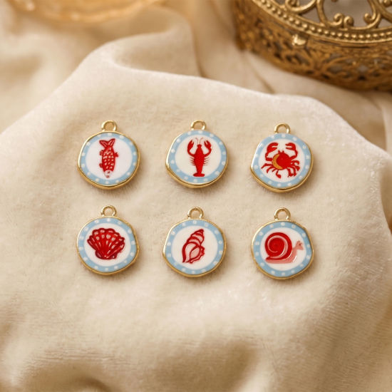 Image de 2 Pcs Breloques En Gros Respectueux de la Nature en Laiton Plaqué Or Véritable 18K Rouge & Bleu Rond Imprimé 16mm x 14mm