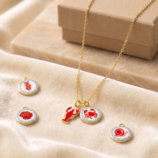 Image de 2 Pcs Breloques En Gros Respectueux de la Nature en Laiton Plaqué Or Véritable 18K Rouge & Bleu Rond Imprimé 16mm x 14mm
