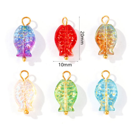 5 個 304ステンレス鋼 & ランプワークガラス 海ジュエリー チャーム 卸売り 18Kゴールドメッキ 魚 3D 20mm x 10mm、 の画像