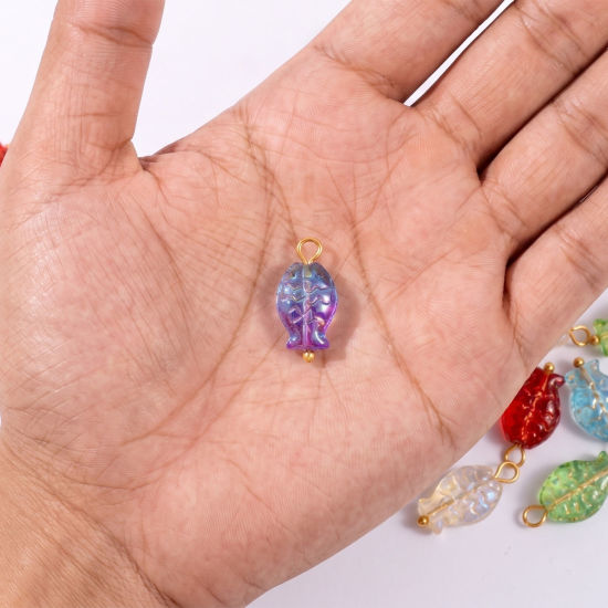 5 個 304ステンレス鋼 & ランプワークガラス 海ジュエリー チャーム 卸売り 18Kゴールドメッキ 魚 3D 20mm x 10mm、 の画像