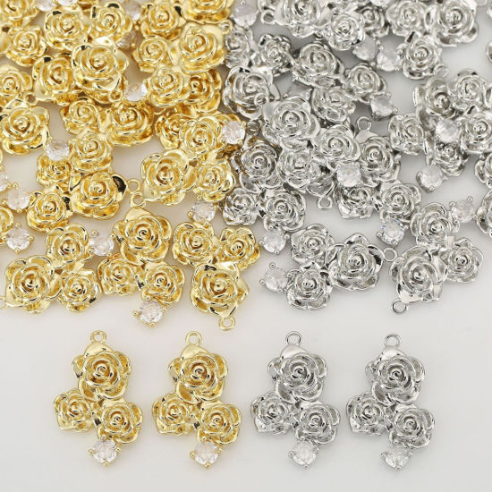 2 個 真鍮 チャーム 卸売り 多色 バラ クリア ジルコン 23mm x 14mm、 の画像