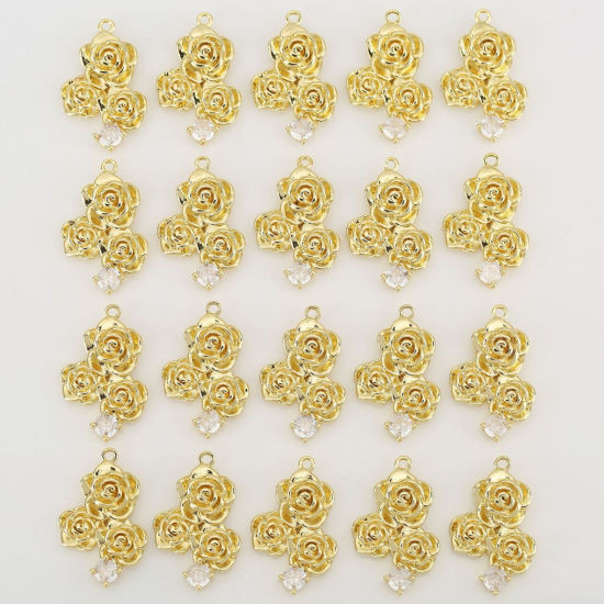 2 個 真鍮 チャーム 卸売り 多色 バラ クリア ジルコン 23mm x 14mm、 の画像