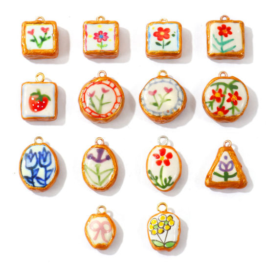 Image de 2 Pcs Breloques En Gros en Céramique Rouge Émail Fleurs Imprimé