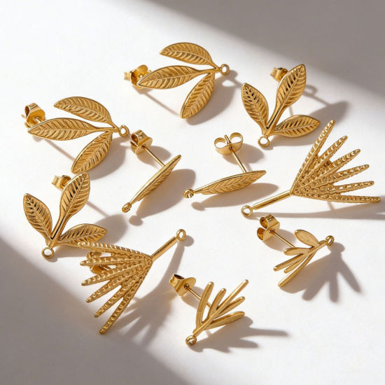 Picture of PVD 304 Stainless Steel Ear Post Stud Earring With Loop Connector Accessories Wholesale Leaf Multicolor