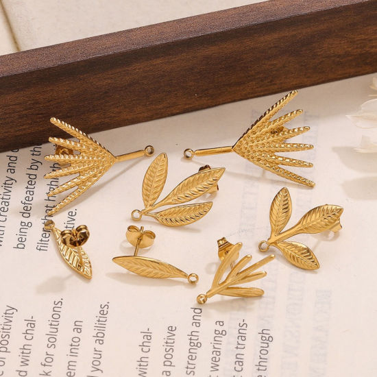 Picture of PVD 304 Stainless Steel Ear Post Stud Earring With Loop Connector Accessories Wholesale Leaf Multicolor