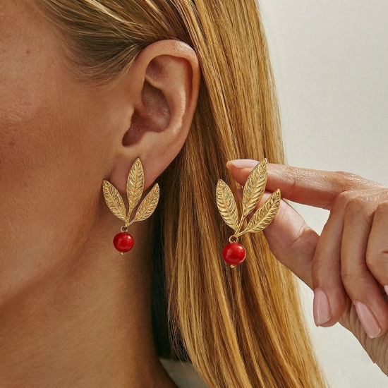Picture of PVD 304 Stainless Steel Ear Post Stud Earring With Loop Connector Accessories Wholesale Leaf Multicolor
