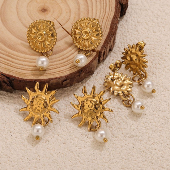 Picture of Eco-friendly PVD 304 Stainless Steel Ear Post Stud Earring With Loop Connector Accessories Wholesale 18K Gold Plated
