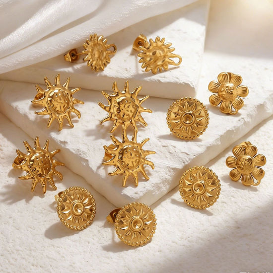 Picture of Eco-friendly PVD 304 Stainless Steel Ear Post Stud Earring With Loop Connector Accessories Wholesale 18K Gold Plated