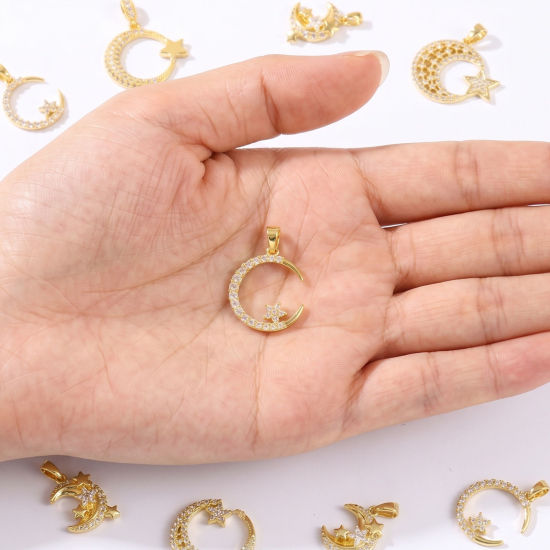 Picture of Brass Galaxy Charm Pendant Wholesale 18K Gold Plated Star And Crescent Moon