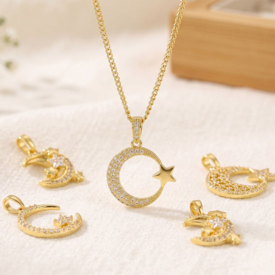 Picture of Brass Galaxy Charm Pendant Wholesale 18K Gold Plated Star And Crescent Moon