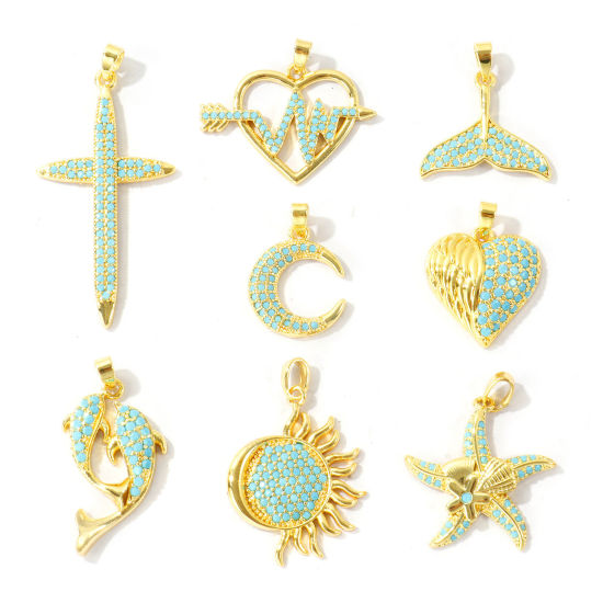 Picture of 2 PCs Brass Charm Pendant Wholesale 18K Real Gold Plated Cross Star Fish Micro Pave Blue Cubic Zirconia