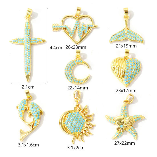 Picture of 2 PCs Brass Charm Pendant Wholesale 18K Real Gold Plated Cross Star Fish Micro Pave Blue Cubic Zirconia