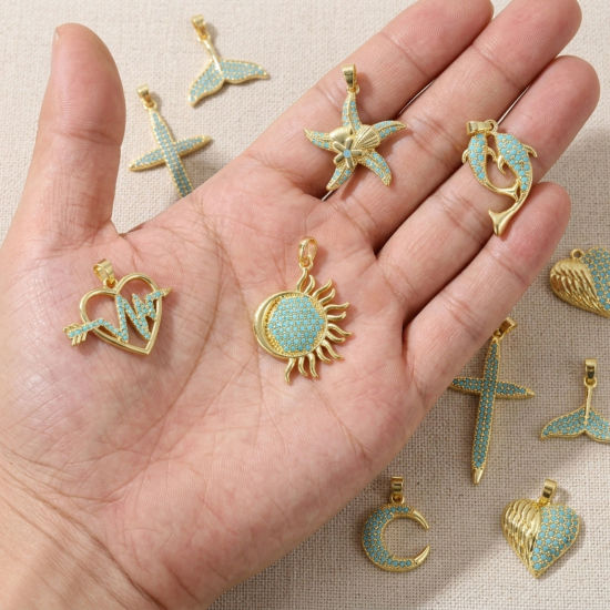 Picture of 2 PCs Brass Charm Pendant Wholesale 18K Real Gold Plated Cross Star Fish Micro Pave Blue Cubic Zirconia