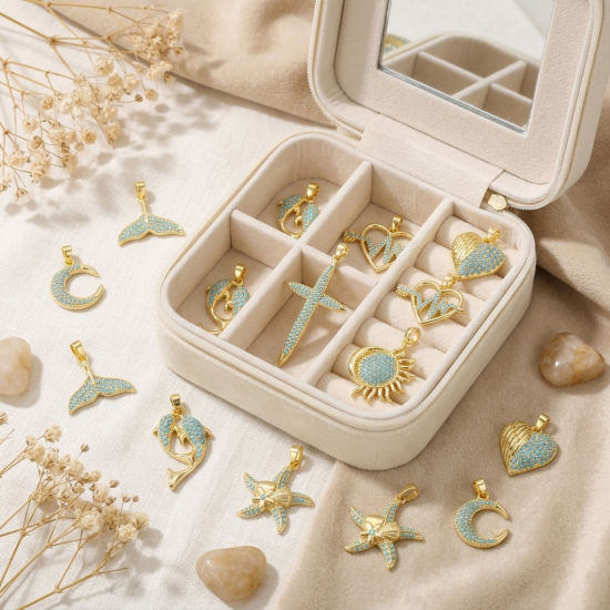 Picture of 2 PCs Brass Charm Pendant Wholesale 18K Real Gold Plated Cross Star Fish Micro Pave Blue Cubic Zirconia